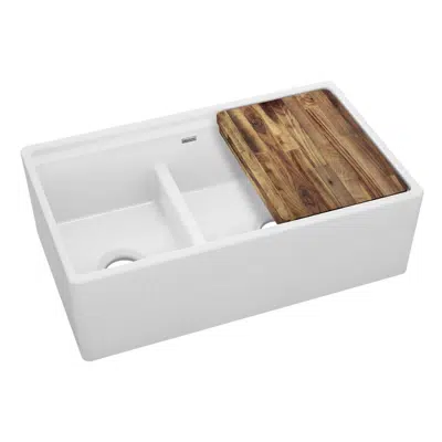 imagen para SWUF3320WH Fireclay 33" x 19-15/16" x 9-3/16" 60/40 Double Bowl Farmhouse Workstation Sink with Aqua Divide