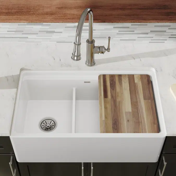 SWUF3320WH Fireclay 33" x 19-15/16" x 9-3/16" 60/40 Double Bowl Farmhouse Workstation Sink with Aqua Divide