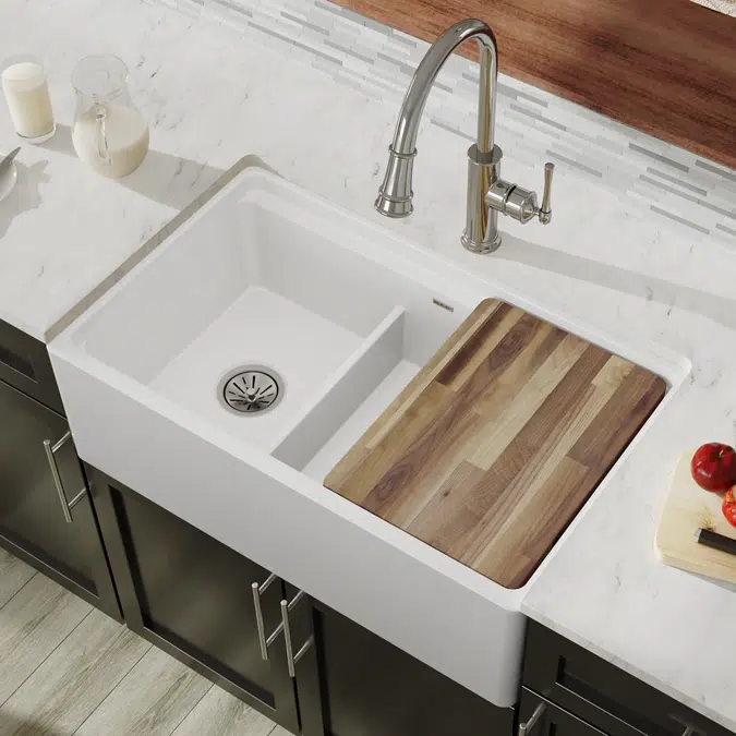 SWUF3320WH Fireclay 33" x 19-15/16" x 9-3/16" 60/40 Double Bowl Farmhouse Workstation Sink with Aqua Divide