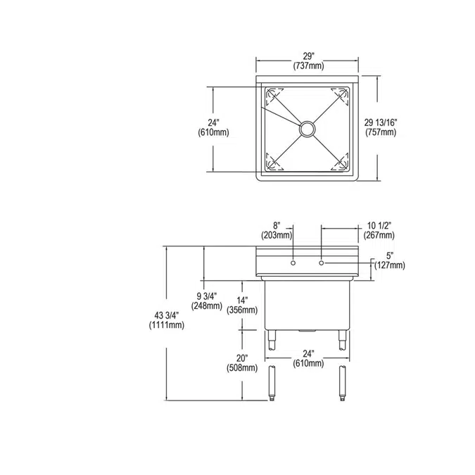14-1C24X24-0X Elkay® Dependabilt™ Stainless Steel 29" x 29-13/16" x 43-3/4" 16 Gauge One Compartment Sink with Stainless Steel Legs