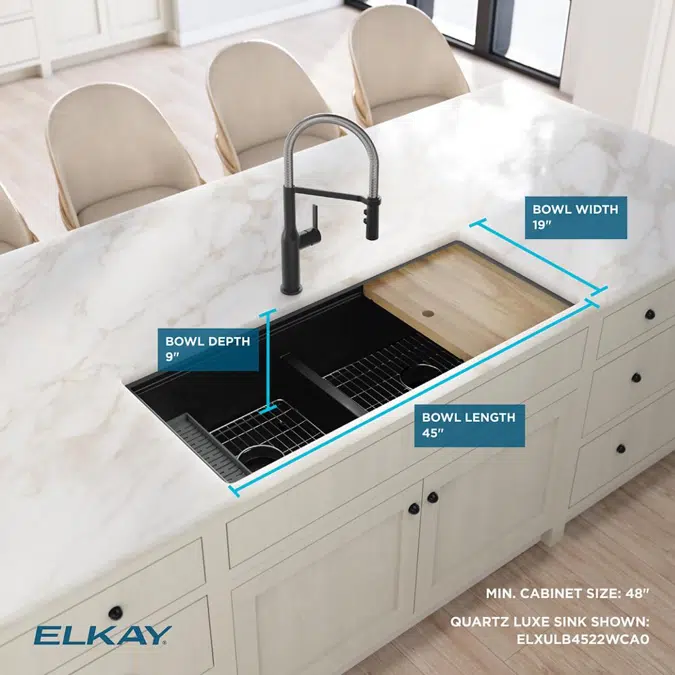 ELXULB4522W Quartz Luxe® 45"x22"x9" 60/40 Undermount Workstation Sink Kit w PD&AD