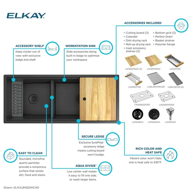 ELXULB4522W Quartz Luxe® 45"x22"x9" 60/40 Undermount Workstation Sink Kit w PD&AD