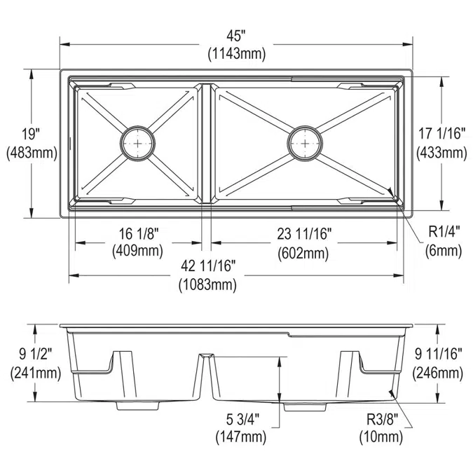 ELXULB4522W Quartz Luxe® 45"x22"x9" 60/40 Undermount Workstation Sink Kit w PD&AD