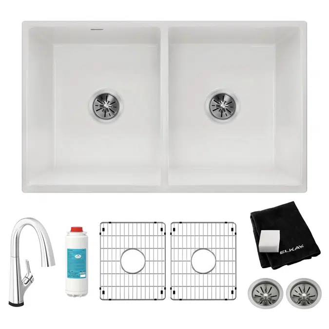 SWUF32189WHFLC Fireclay 33" x 19-15/16" x 9" Equal Double Bowl Farmhouse Sink Kit with Filtered Faucet White
