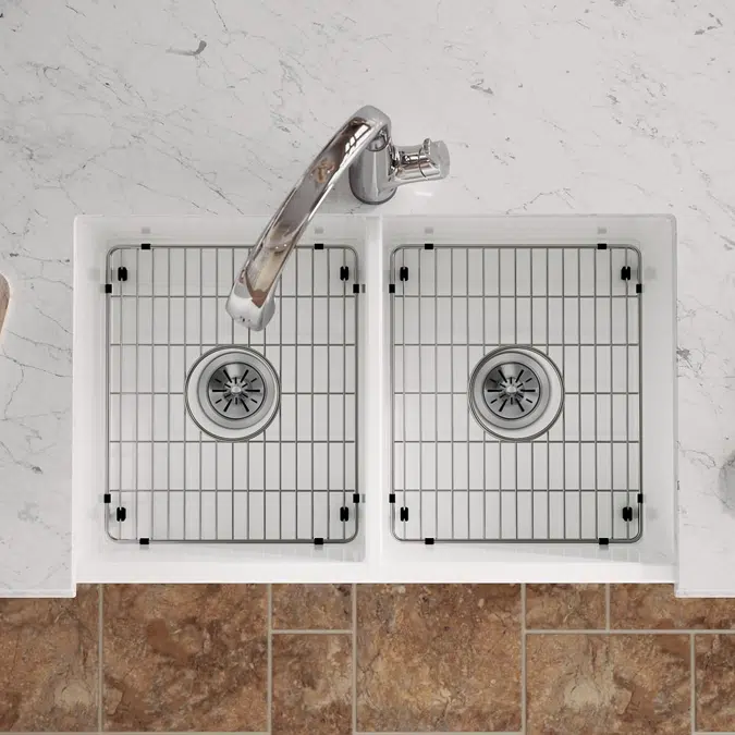 SWUF32189WHFLC Fireclay 33" x 19-15/16" x 9" Equal Double Bowl Farmhouse Sink Kit with Filtered Faucet White