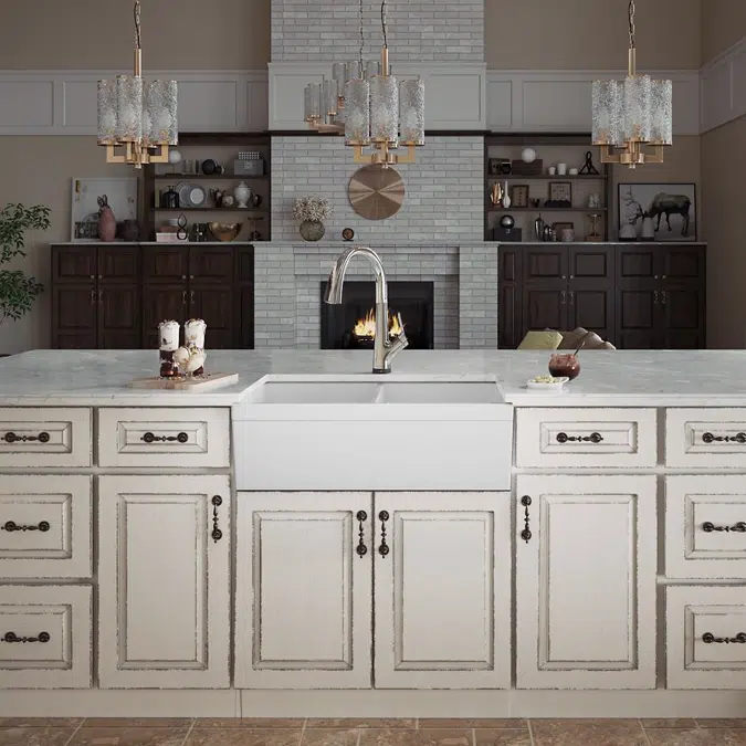 SWUF32189WHFLC Fireclay 33" x 19-15/16" x 9" Equal Double Bowl Farmhouse Sink Kit with Filtered Faucet White
