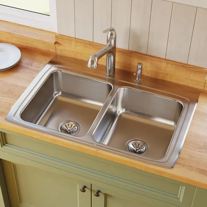 LR33224 Elkay Lustertone® Classic Stainless Steel 33" x 22" x 8-1/8" 4-Hole Equal Double Bowl Drop-in Sink
