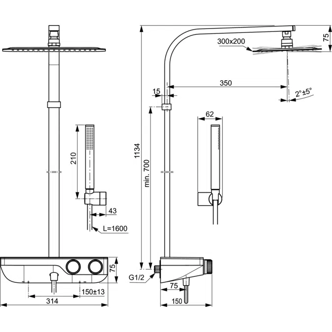 CERATHERM S200 SHELF SHOWER SYSTEM THERMOSTATIC SQUARE