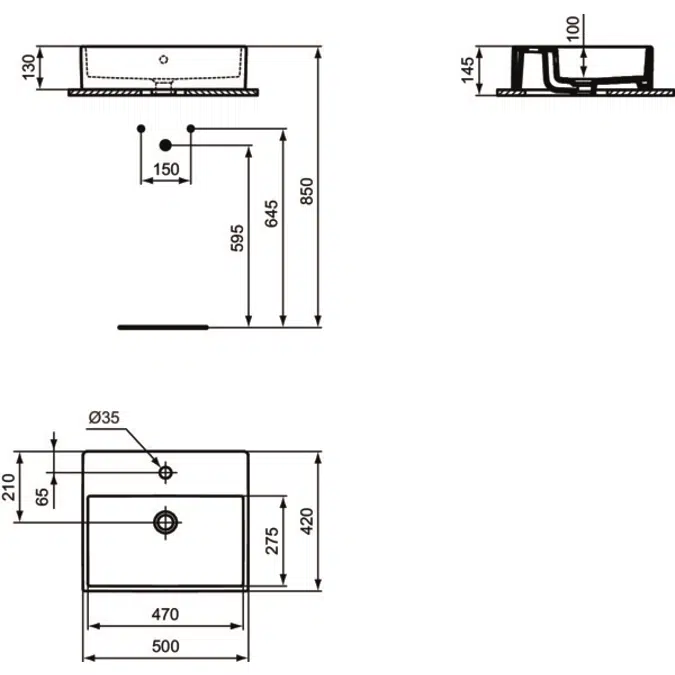 I.LIFE B  Vessel 500x420x145 mm in white glossy finish, 1 tap hole, with overflow  Space saving basin