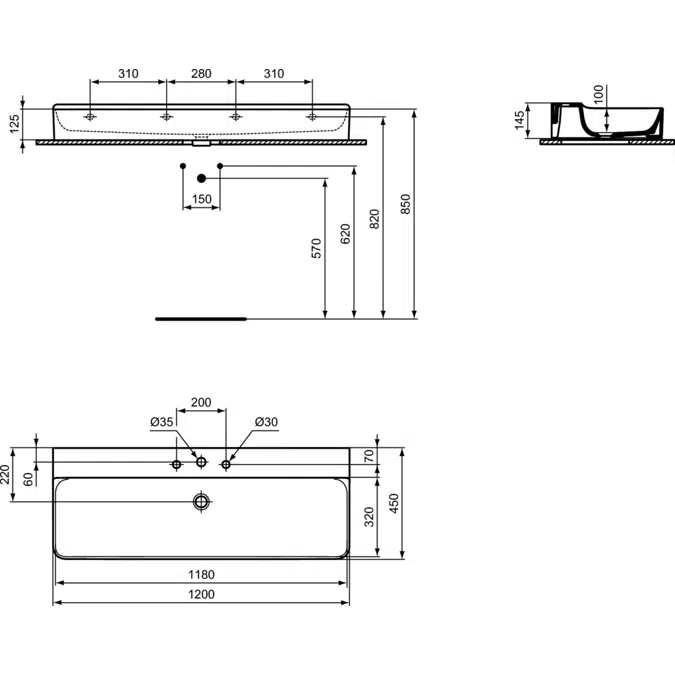 Conca New consolle basin 120 with 3 tapholes.