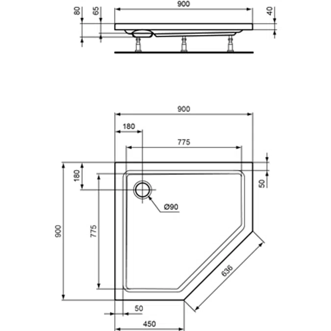 Fünfeck-Brausewanne 900 x 900 mm