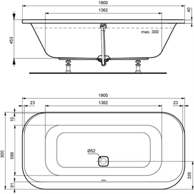 Oval-Badewanne 1900 x 900 mm mit Ablauf