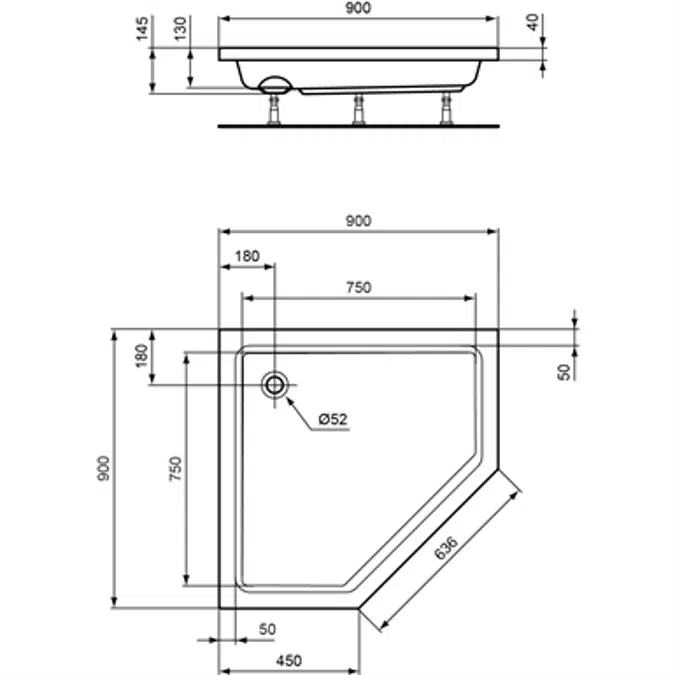 Fünfeck-Brausewanne 900 x 900 mm