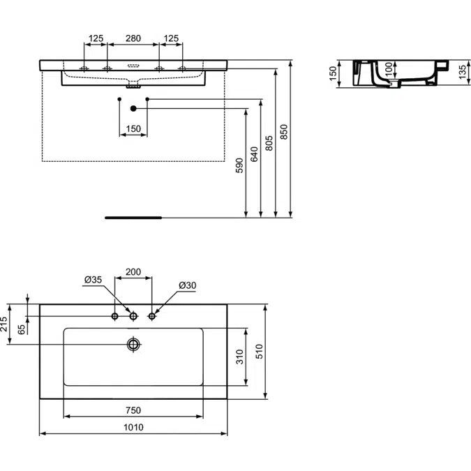 EXTRA 100CM VANITY BASIN WITH  3 TAP HOLES