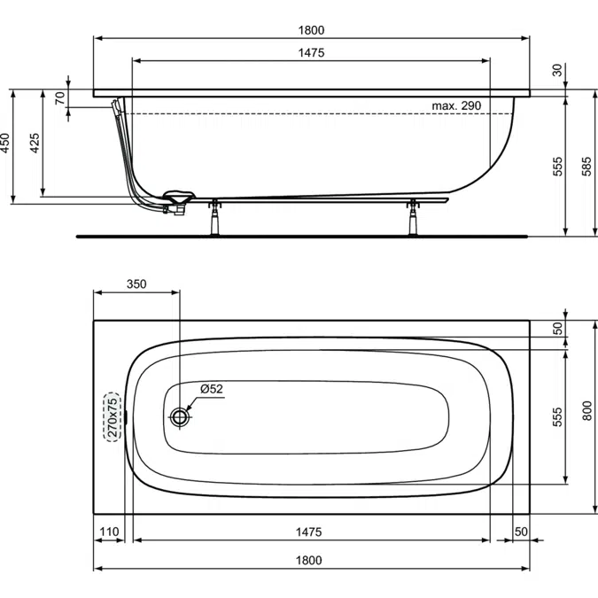 I.LIFERECTANGULAR BATH TUB  180X80 WITH LEGSET