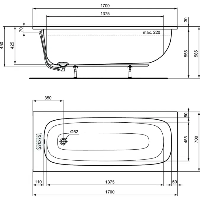 I.LIFERECTANGULAR BATH TUB  170X70 WITH LEGSET