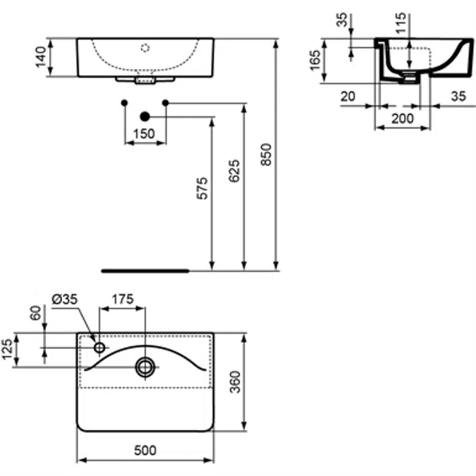 Concept Cube 50cm Short Projection Semi-Countertop Washbasin, Glazed Back 1 LH Taphole