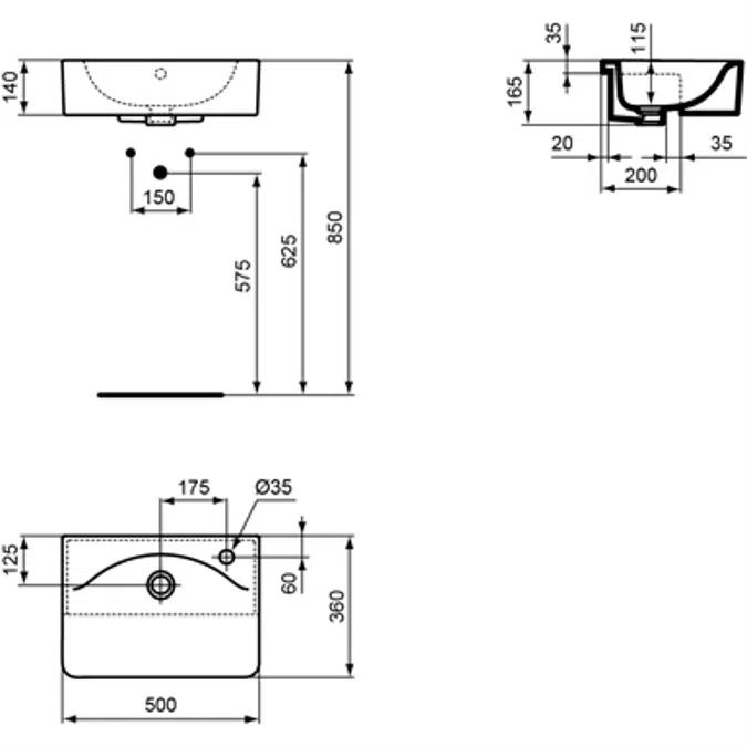 Concept Cube 50cm Short Projection Semi-Countertop Washbasin, Glazed Back 1 LH Taphole