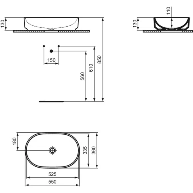 I.LIFE O  Vessel 550x360x130 mm in white glossy finish, without overflow  Space saving basin
