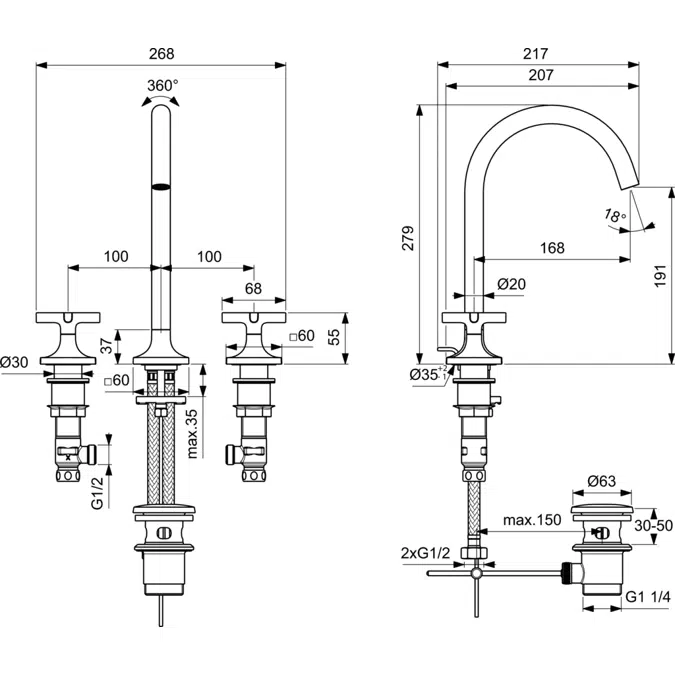 JOY NEO 3 HOLE BASIN DUAL CONTROL WITH CROSS HANDLES.