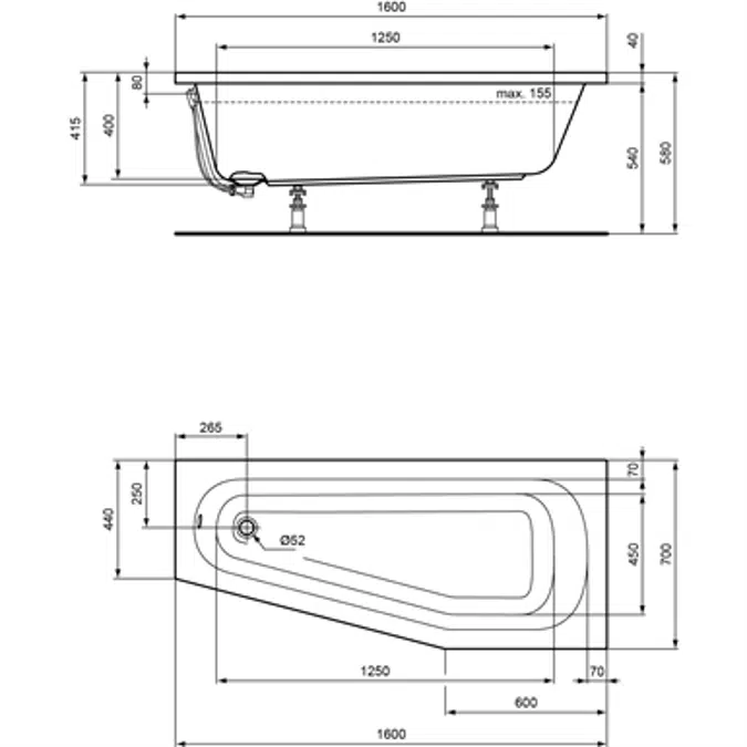 Raumspar-Badewanne 1600 x 700/450 mm (asymmetrisch rechts)