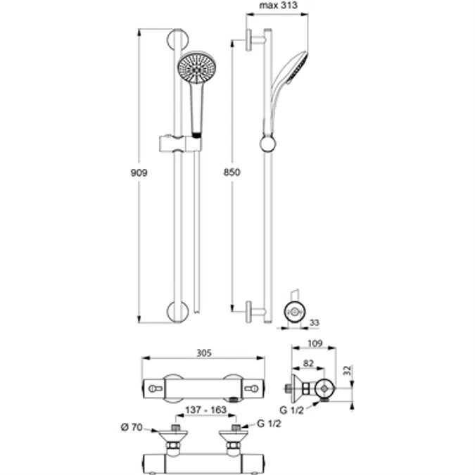 Brausekombination 900 mm M1 mit CeraTherm 60 Brausethermostat