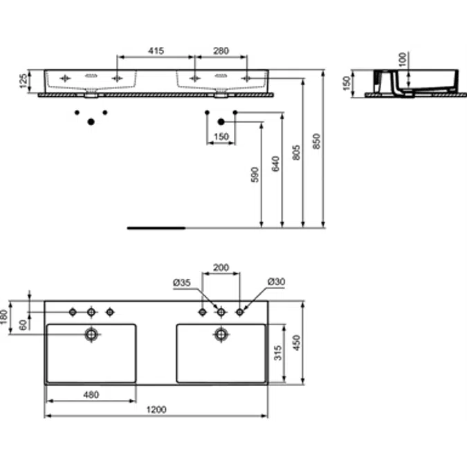 EXTRA 120CM DOUBLE WASHBASIN WITH  3 TAP HOLES PER BASIN