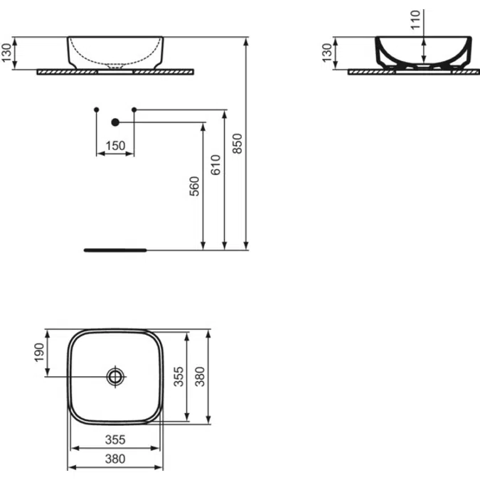 I.LIFE B  Vessel 380x380x130 mm in white glossy finish, without overflow  Space saving basin
