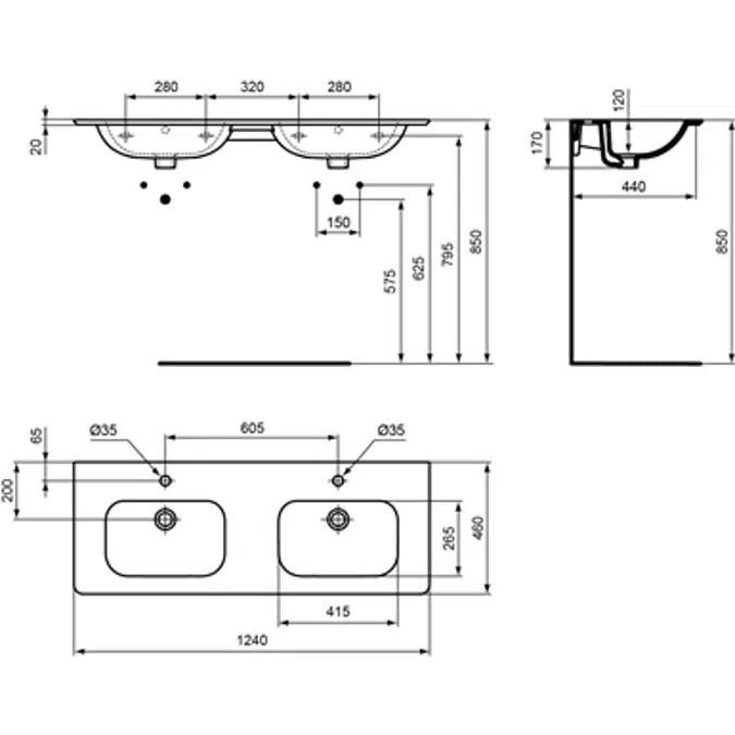 SOFTMOOD double vanity basin 1240x460mm, 1 taphole, with overflow