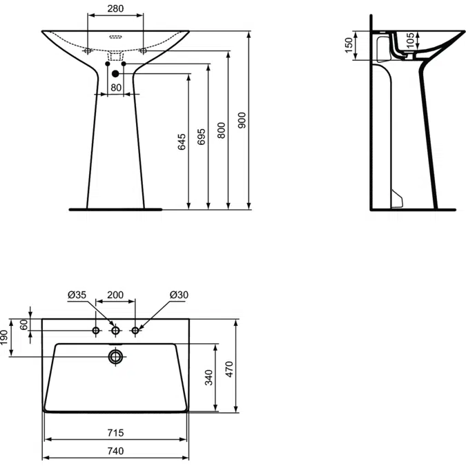 Tipo-Z One Piece Basin & Pedestal, 3 Tap Holes, With Overflow