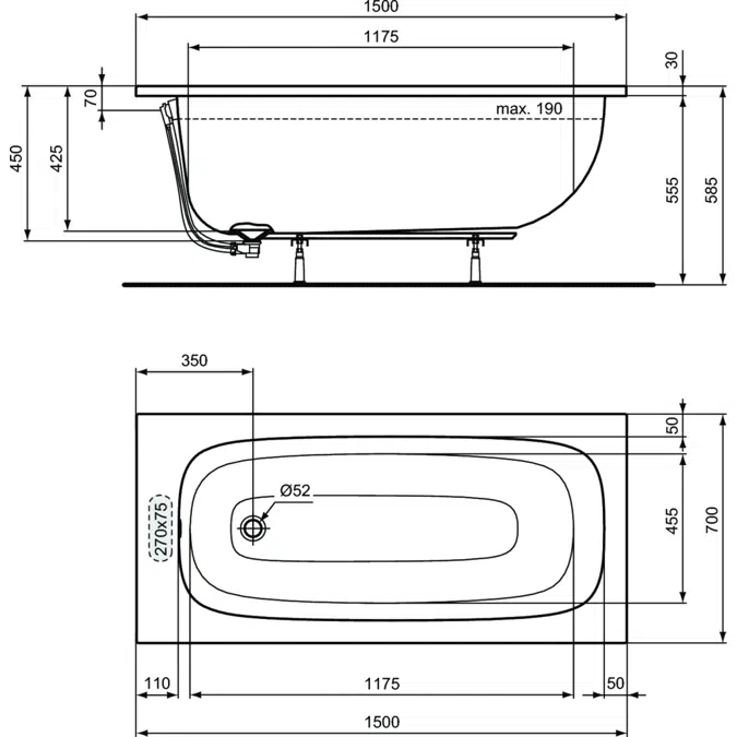 I.LIFERECTANGULAR BATH TUB  150X70 WITH LEGSET