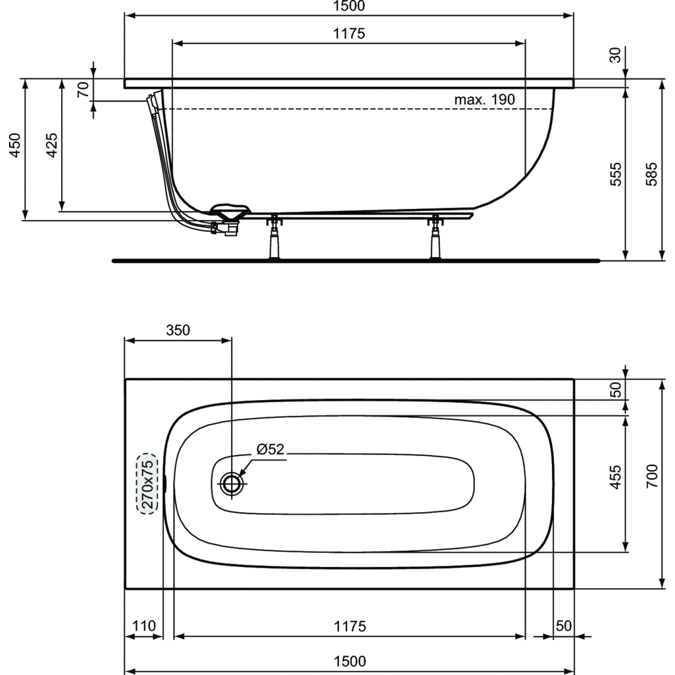 I.LIFERECTANGULAR BATH TUB  150X70 WITH LEGSET