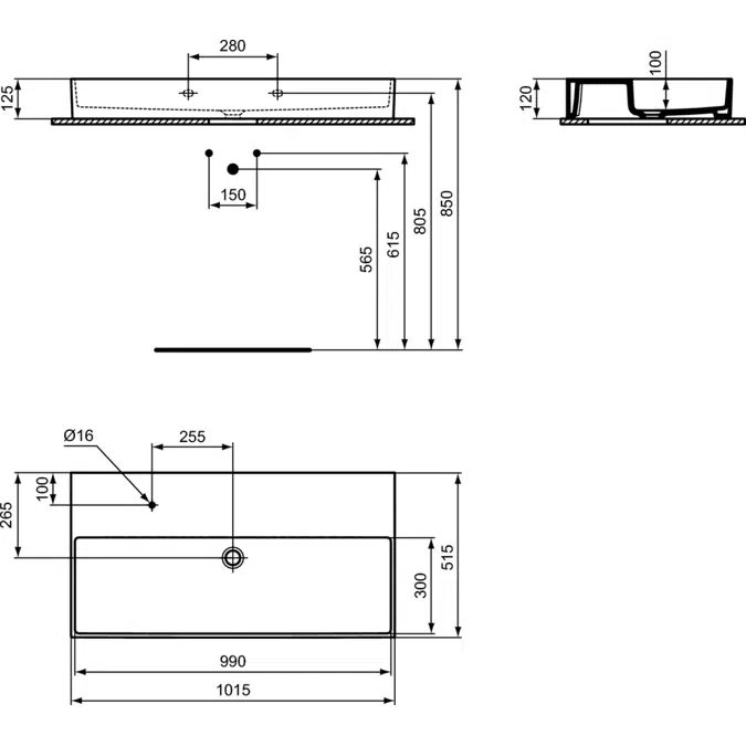 SOLOS basin 100x50cm (1TH on left side of tapdeck), available in glossy white and glossy black finishes