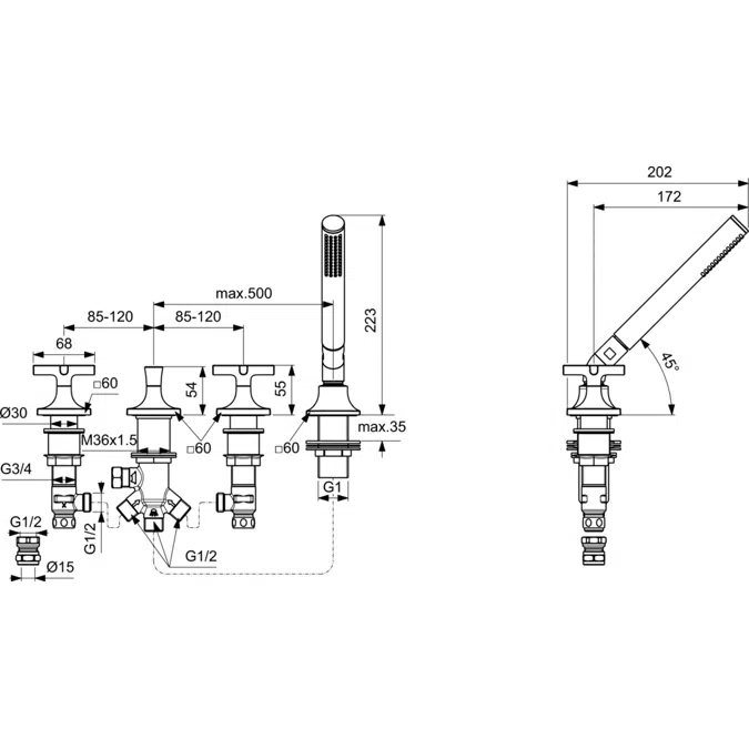 JOY NEO 4-HOLE BATH & SHOWER DUAL CONTROL RIM MOUNTED WITH CROSS HANDLES AND WITHOUT SPOUT