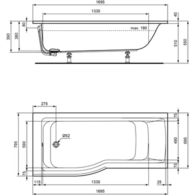 CONNECT AIR Baignoire douche
 170 x 70/80 cm version gauche