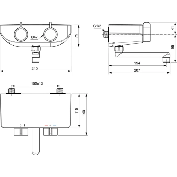 Ceraplus Safe OX, Thermostatic Shower Mixer without Check Valves, Sink version with Spout, Thermal Disinfection, Cool Body, Shelf, Chrome