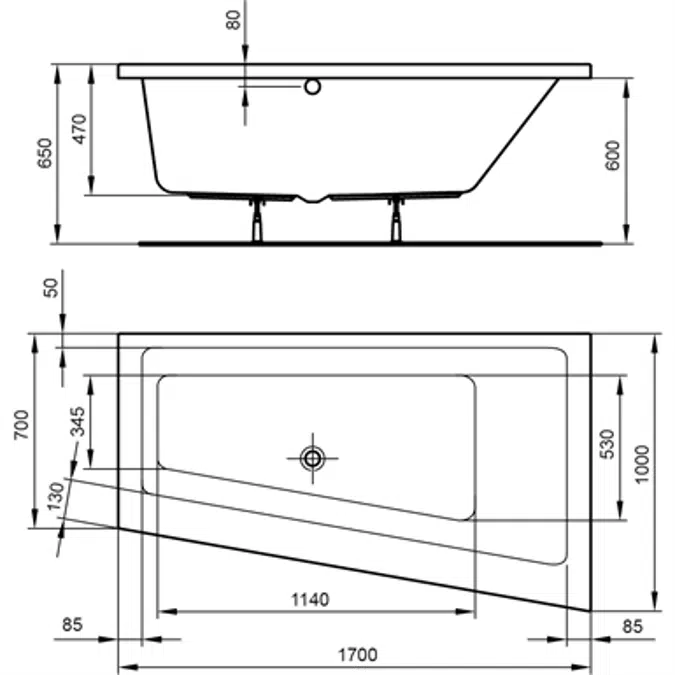 Trapez-Badewanne 1700 x 1000 mm rechts