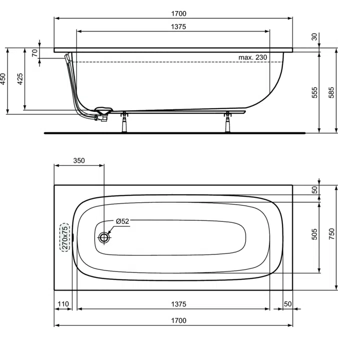 I.LIFERECTANGULAR BATH TUB  170X75 WITH LEGSET