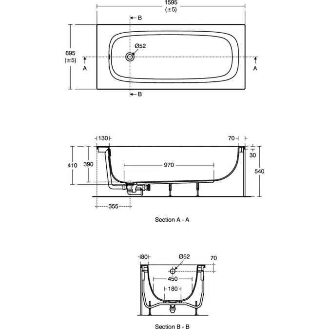 I.LIFE RECTANGULAR BATH TUB 160X70 CM.