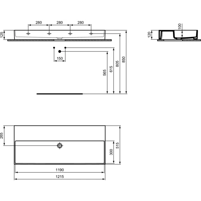 SOLOS basin 120x50cm NTH, available in glossy white and glossy black finishes