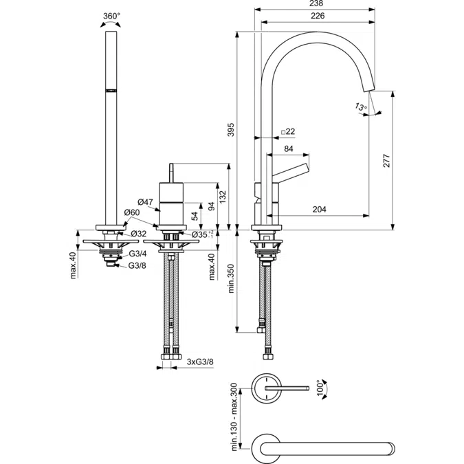 GUSTO SINK MIXER 2 HOLES C SQUARE SPOUT