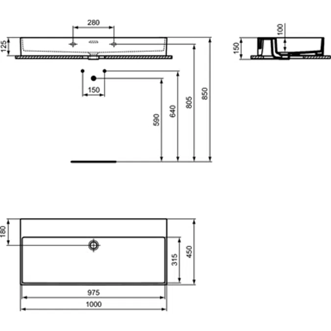 EXTRA 100CM WASHBASIN WITHOUT TAP HOLES