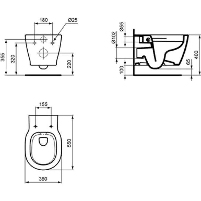 CONNECT WALL HUNG BOWL HO WHITE 54CM PRJ RIMLESS NLDS