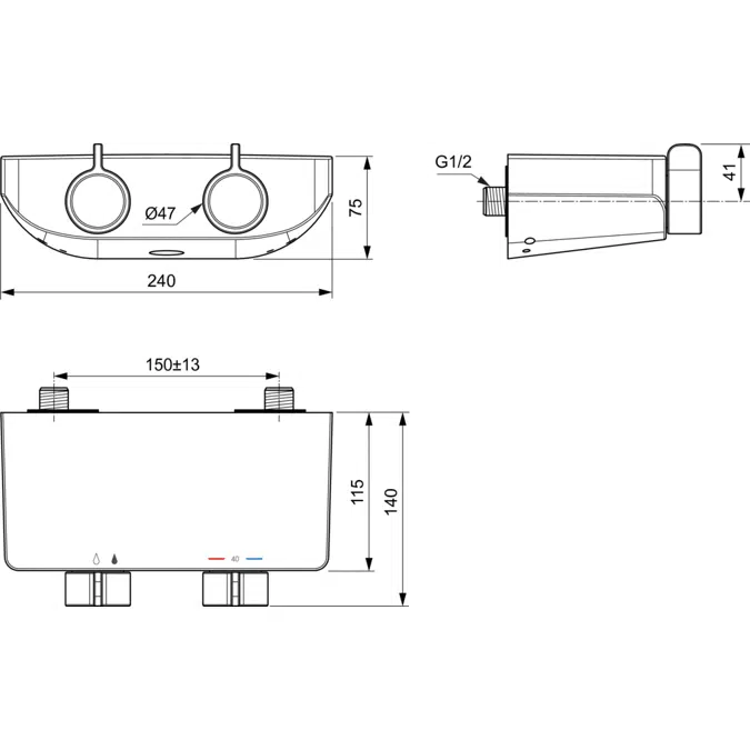 Ceraplus Safe OX, Thermostatic Shower Mixer without Check Valves, Thermal Disinfection, Cool Body, Shelf, Chrome