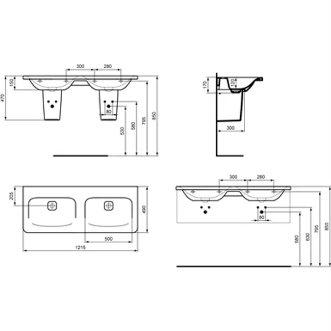 TONIC II double vanity basin 1215x490mm, no taphole, with overflow