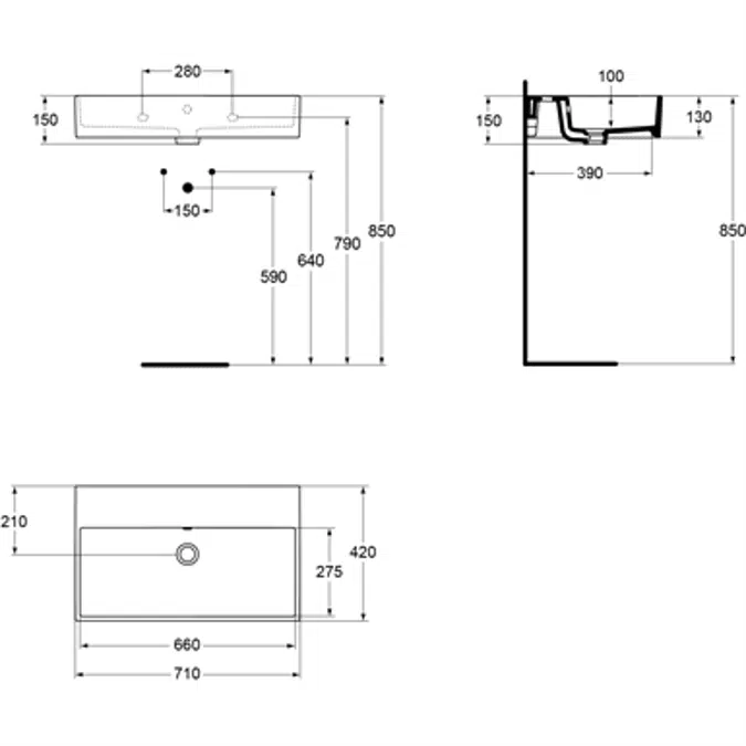 STRADA washbasin 710x420mm, no taphole, with overflow