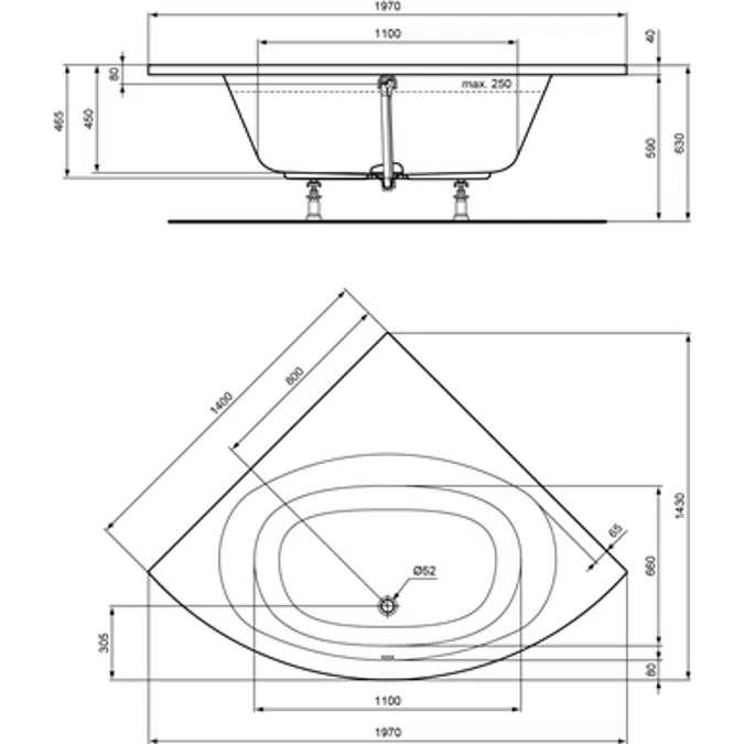 Eck-Badewanne 1400 mm Schenkellänge