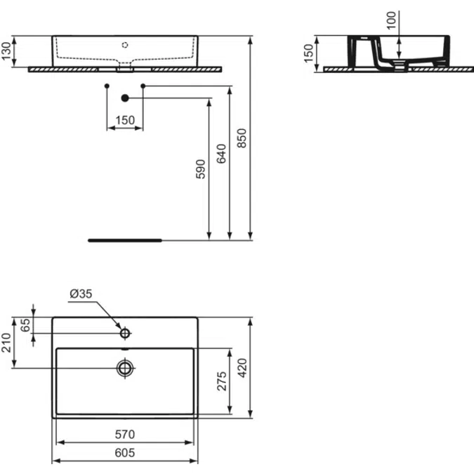 I.LIFE B  Vessel 605x420x150 mm in white glossy finish, 1 tap hole, with overflow  Space saving basin