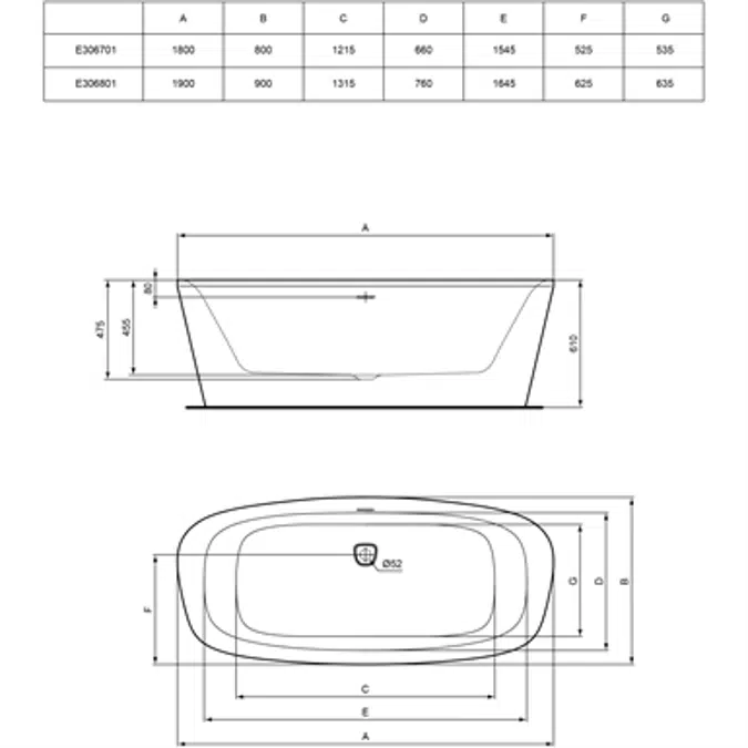 DEA/VARA F/S BTH 180X80 WHITE TRAPZIO