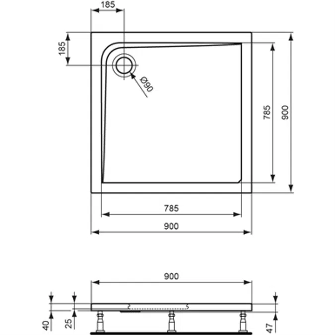 Rechteck-Brausewanne 900 x 900 mm